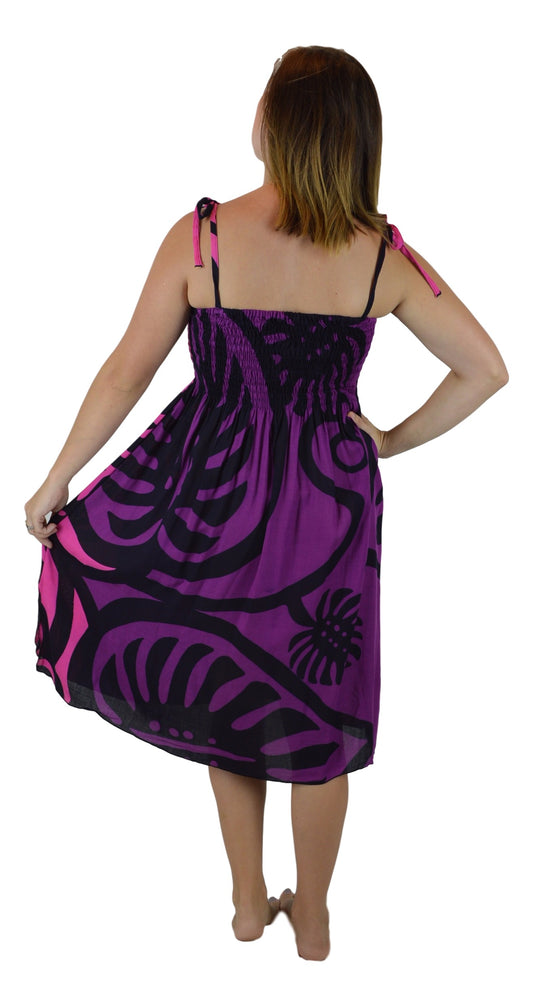 Elastic Smocked Dress – E1-MON2-12 – Purple Monstera, Tie Straps