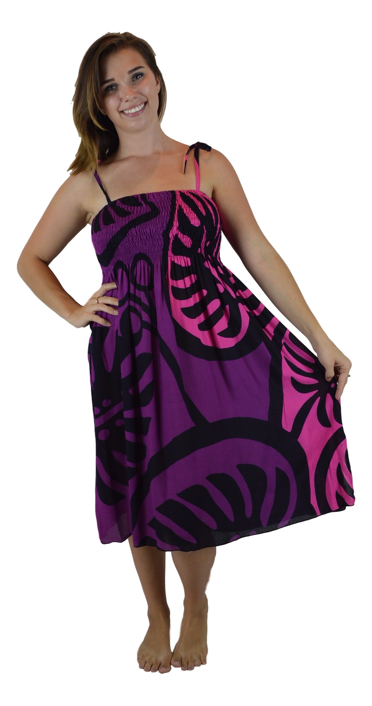Elastic Smocked Dress – E1-MON2-12 – Purple Monstera, Tie Straps