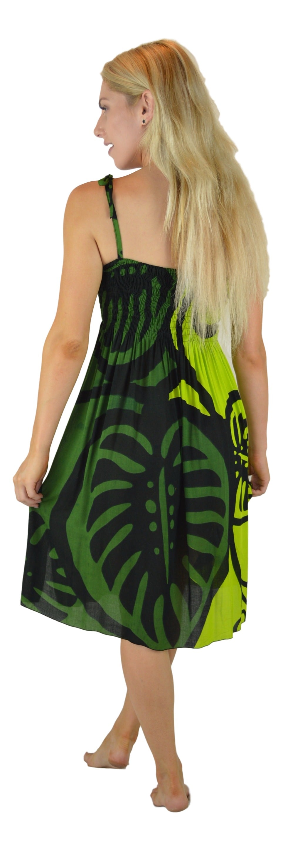 Elastic Smocked Dress – E1-MON2-4 – Green Monstera, Tie Straps