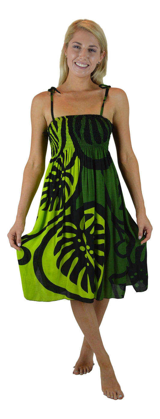 Elastic Smocked Dress – E1-MON2-4 – Green Monstera, Tie Straps