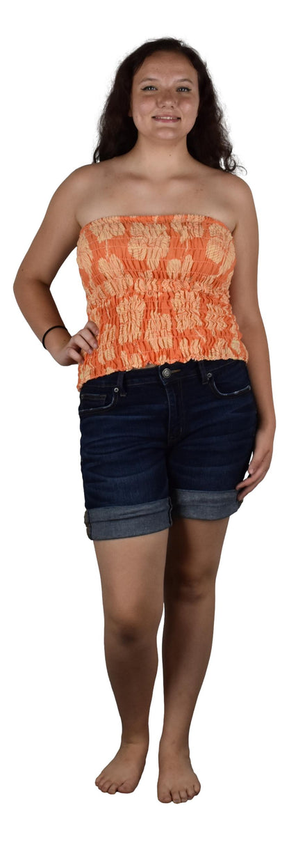Elastic Tube Top - ETOP-4021 – Orange and White Hibiscus Smocked Bandeau