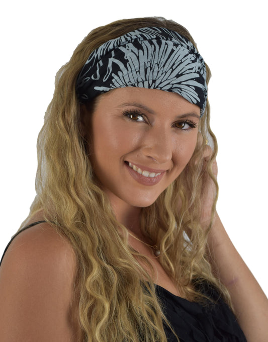 Headband & Scrunchie Set – HB-SCR-1232 – Black and Gray Chrysanthemum