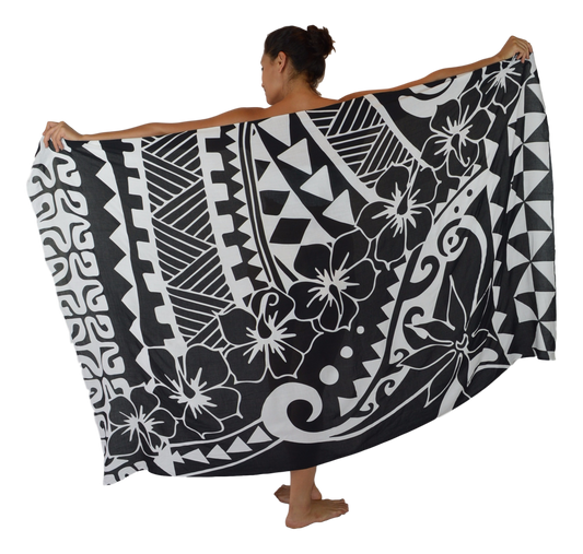 Sarong HWNH-10-F - Tribal Hibiscus Black & White