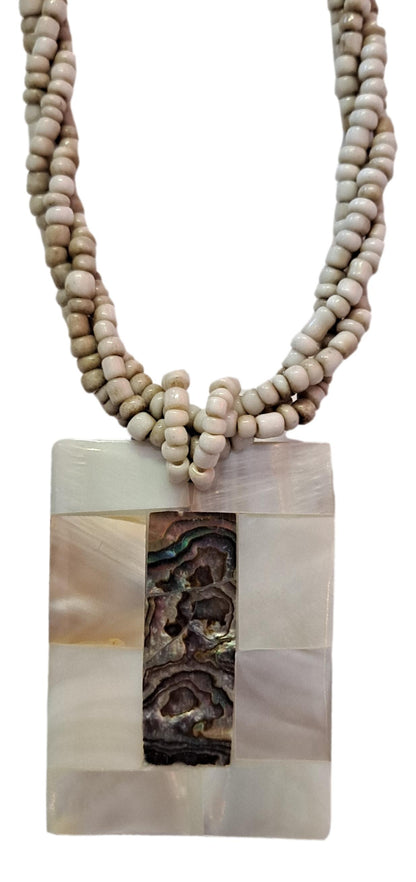 Shell Necklace – JN-AVA- Abalone and LT MOP Rectangle Pendant on Beige Bead