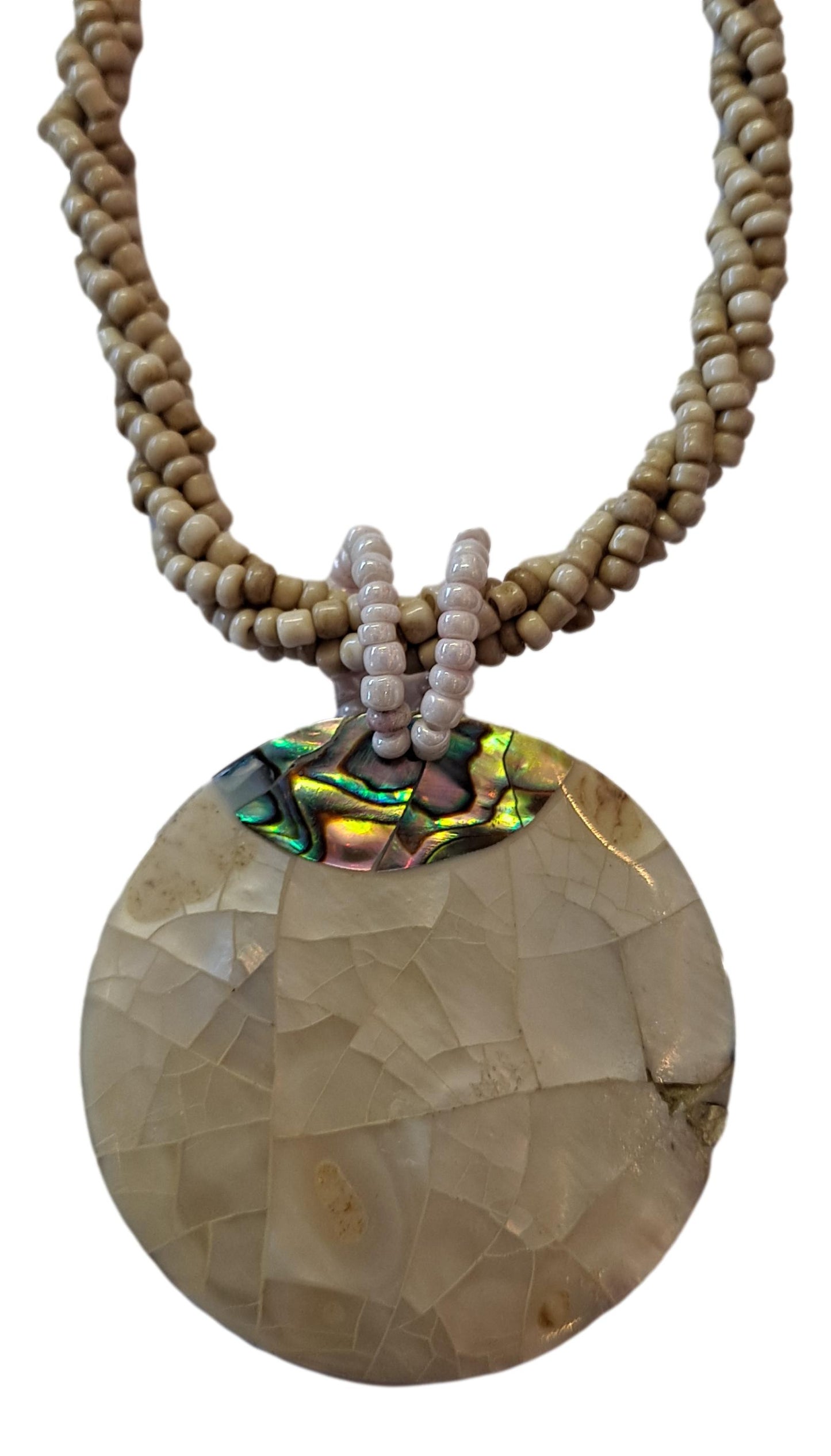 Shell Necklace – JN-CHLOE - Abalone MOP LT Round Pendant on Beige Bead
