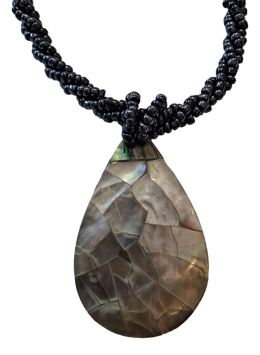 Shell Necklace – JN-ELLA- Abalone MOP DK Teardrop Pendant on Black Bead