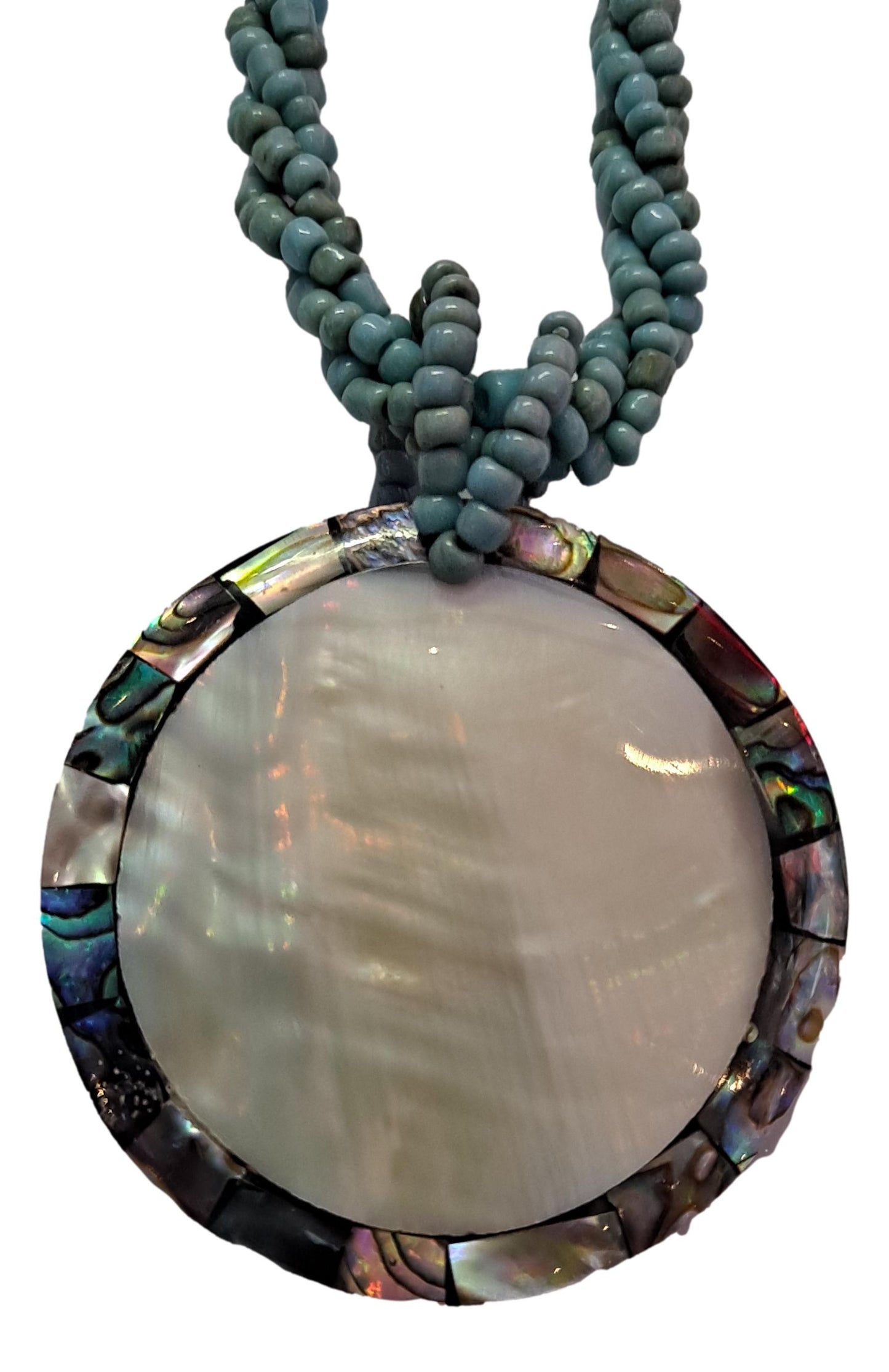 Shell Necklace – JN-EMMA-TQ- Abalone Oyster Round Pendant on Turq Bead