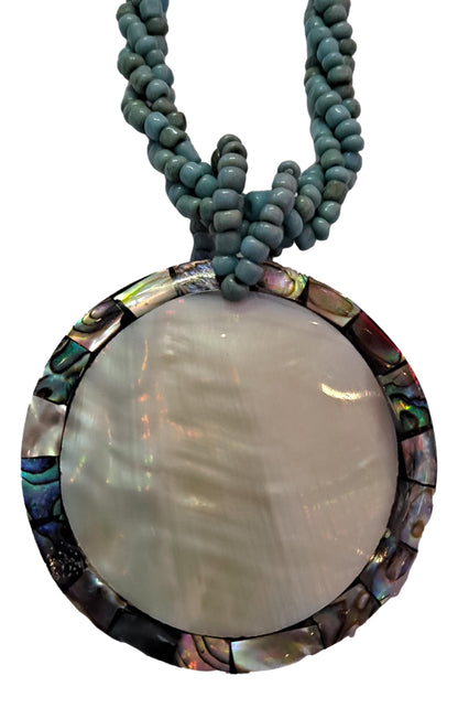 Shell Necklace – JN-EMMA-TQ- Abalone Oyster Round Pendant on Turq Bead