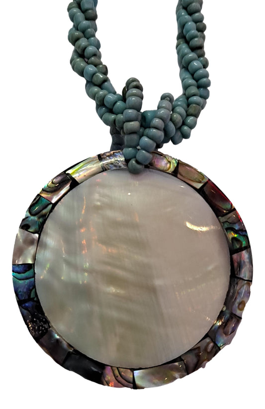Shell Necklace – JN-EMMA-TQ- Abalone Oyster Round Pendant on Turq Bead