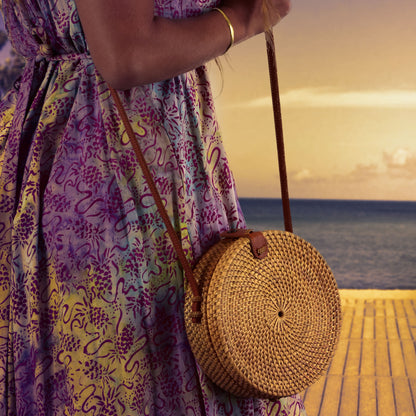 Rattan Round Handbag - RAT-RT - Bag with Leather Strap