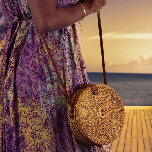 Rattan Round Handbag - RAT-RT - Bag with Leather Strap
