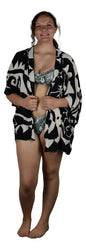 Short Kimono Top - RCS-2110 - Hawaiian Hibiscus Black and White