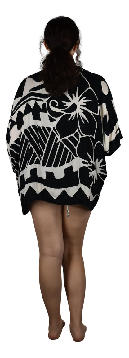 Short Kimono Top - RCS-2110 - Hawaiian Hibiscus Black and White