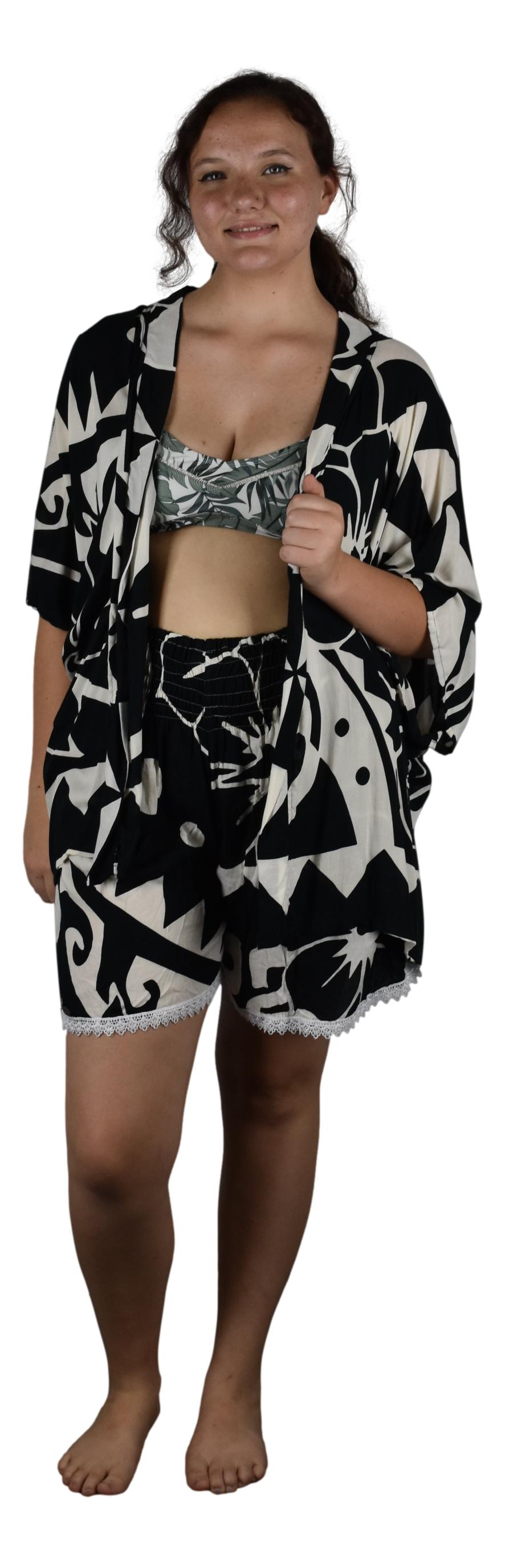 Short Kimono Top - RCS-2110 - Hawaiian Hibiscus Black and White
