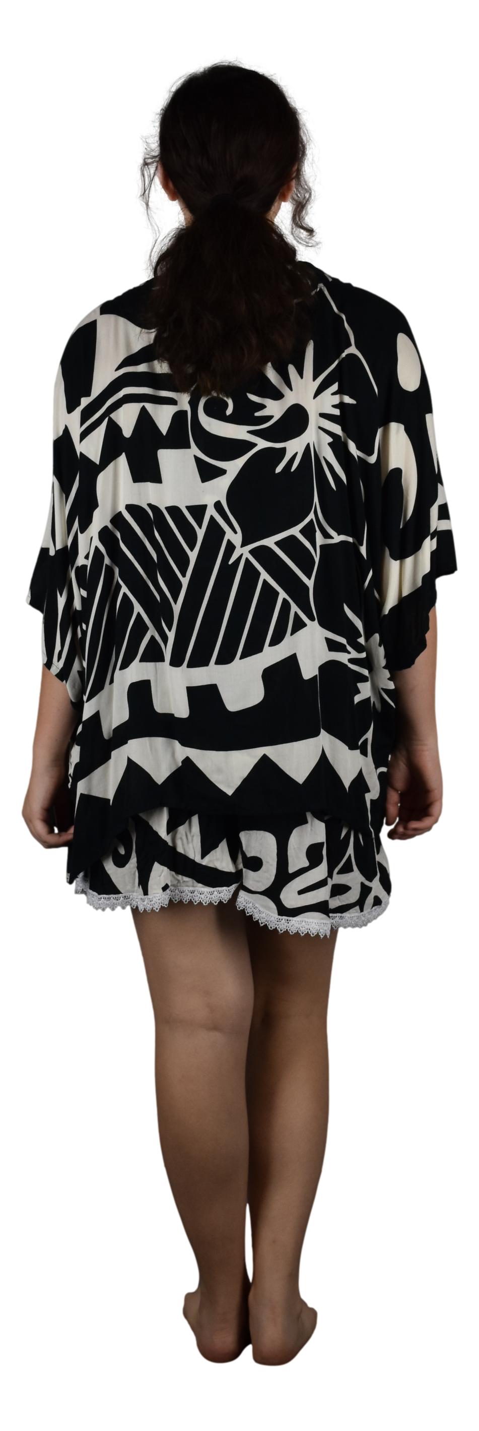 Short Kimono Top - RCS-2110 - Hawaiian Hibiscus Black and White