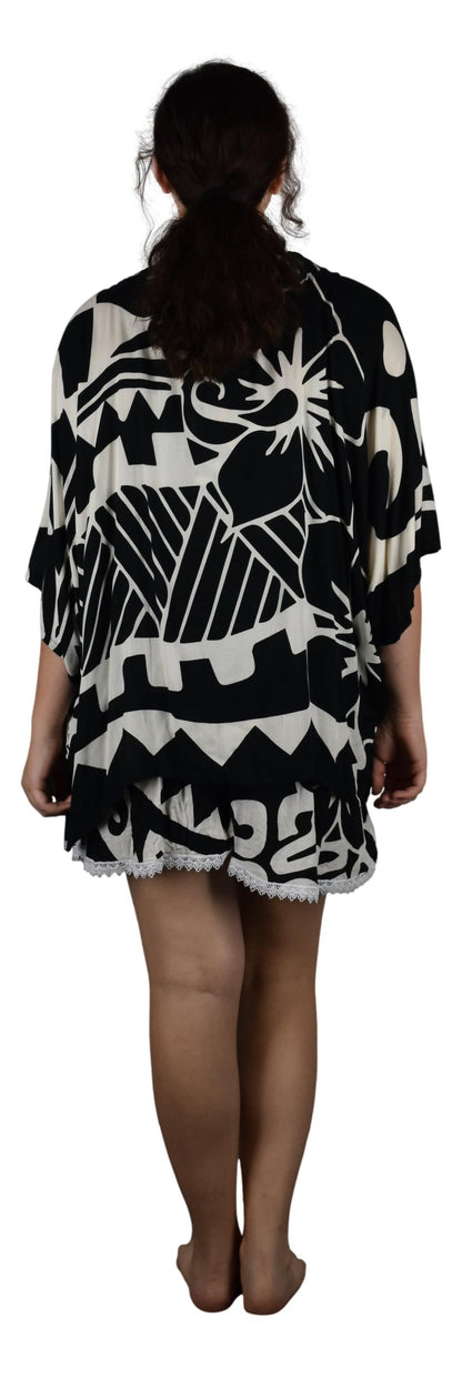 Short Kimono Top - RCS-2110 - Hawaiian Hibiscus Black and White